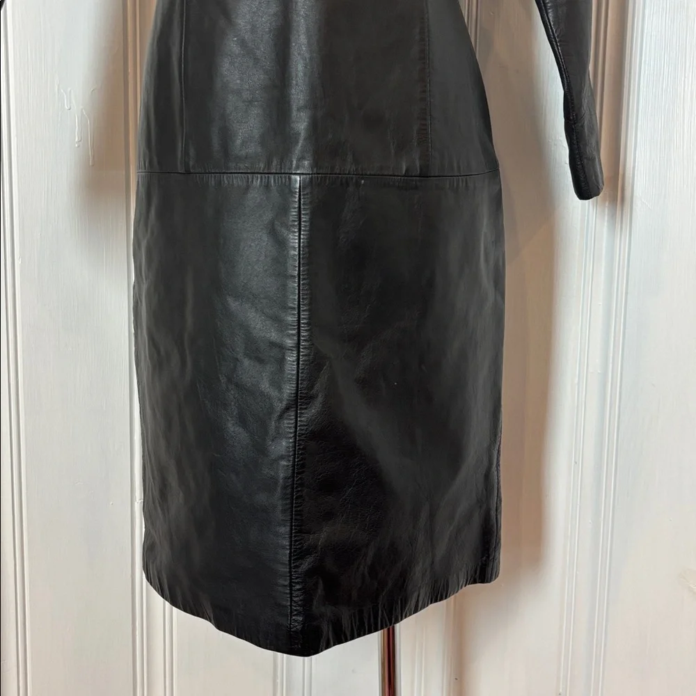 Vintage AMBRIA Black Genuine Leather Fitted Dress | Quilted Shoulders | Size 10 - Picture 7 of 12